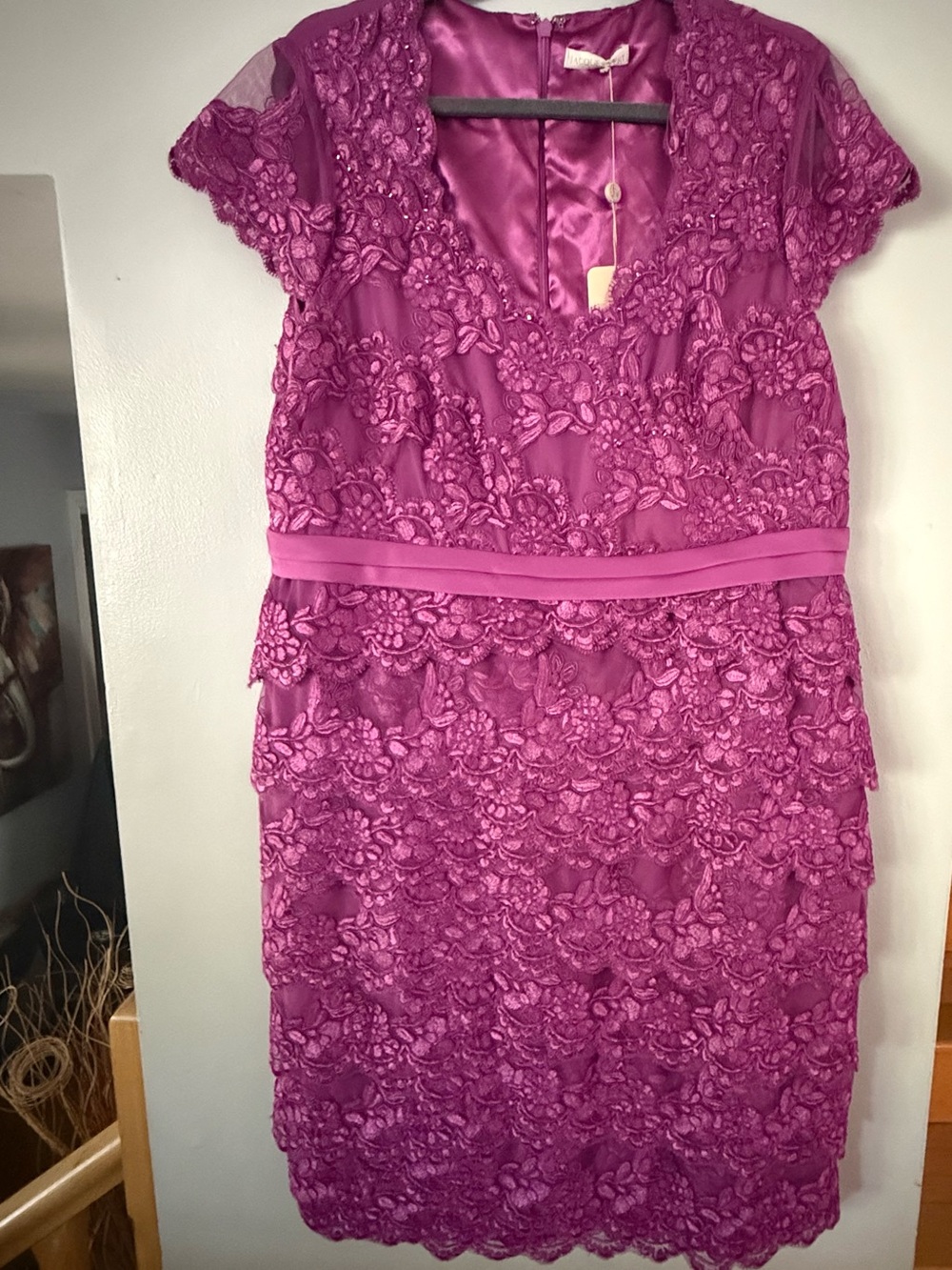 Jacques Vert Orchid Purple Tiered Lace Dress Bead Detail Special Occasion Sz 22